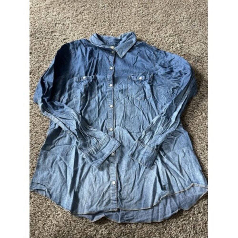 Democracy Womens Ombre Blue Snap Button Long Sleeve Shirt Size XL Pockets Causal